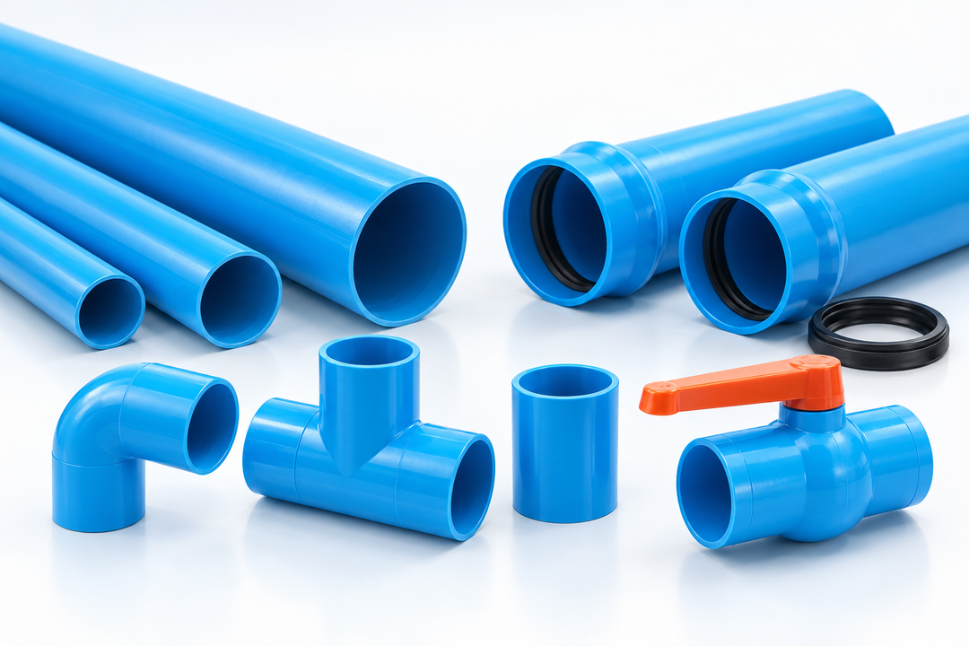 ท่อ PVC สีฟ้าหลายขนาด ท่อชนิดต่อด้วยแหวนยางพร้อมยางรอง ข้องอ สามทาง ข้อต่อตรง และบอลวาล์วด้ามสีส้ม